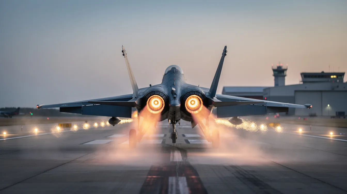 A twin-engine fighter jet, resembling the F-15E Strike Eagle, is rapidly accelerating down the runway, with bright orange afterburner flames trailing behind, showcasing its powerful thrust and speed as it prepares for flight. This air superiority fighter, part of the US Air Force, exemplifies advanced combat capabilities and maneuverability essential for modern aerial defense.