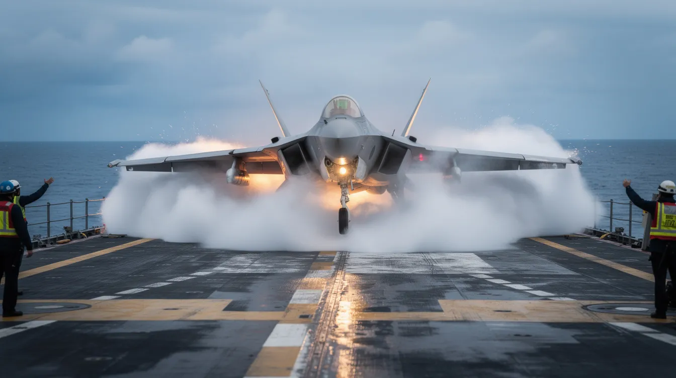 A fighter jet, specifically an air superiority fighter, launches from the deck of an aircraft carrier, with steam billowing from the catapult as it accelerates into the air. The image captures the powerful thrust and speed of the jet, showcasing its capability for combat and maneuverability in high altitude missions.