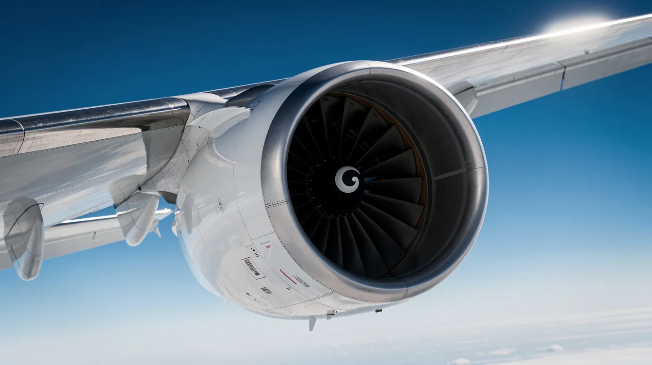 A close-up view of a large Boeing aircraft engine and wing is depicted from below, set against a bright blue sky. The image highlights the intricate details of the aviation industry, showcasing the powerful design of the jet engine and the sleek wing structure.
