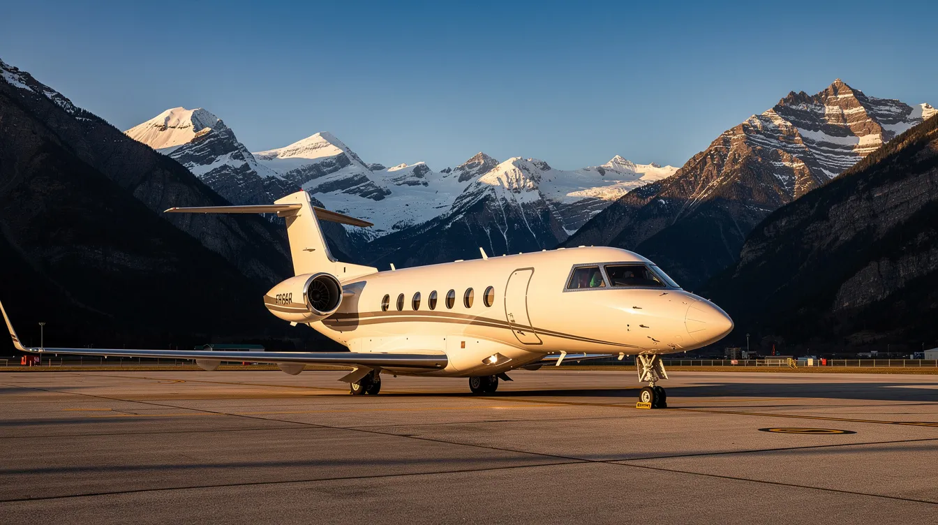 A sleek private jet is parked on a small airfield, surrounded by majestic mountains under a clear blue sky, showcasing the elegance of aviation. The scene captures the essence of luxury travel and the beauty of nature, inviting viewers to explore the world of private flying.