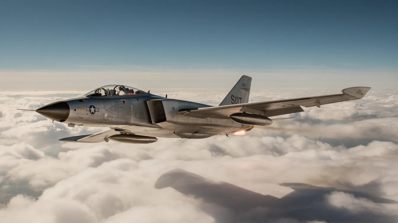 The image depicts a vintage high-speed military research aircraft, reminiscent of the X-43A, soaring gracefully above a cloud layer bathed in bright sunlight, symbolizing advancements in hypersonic flight and aviation history. This flight test vehicle, equipped with a scramjet engine, represents a significant milestone in hypersonic technology development and speed records.