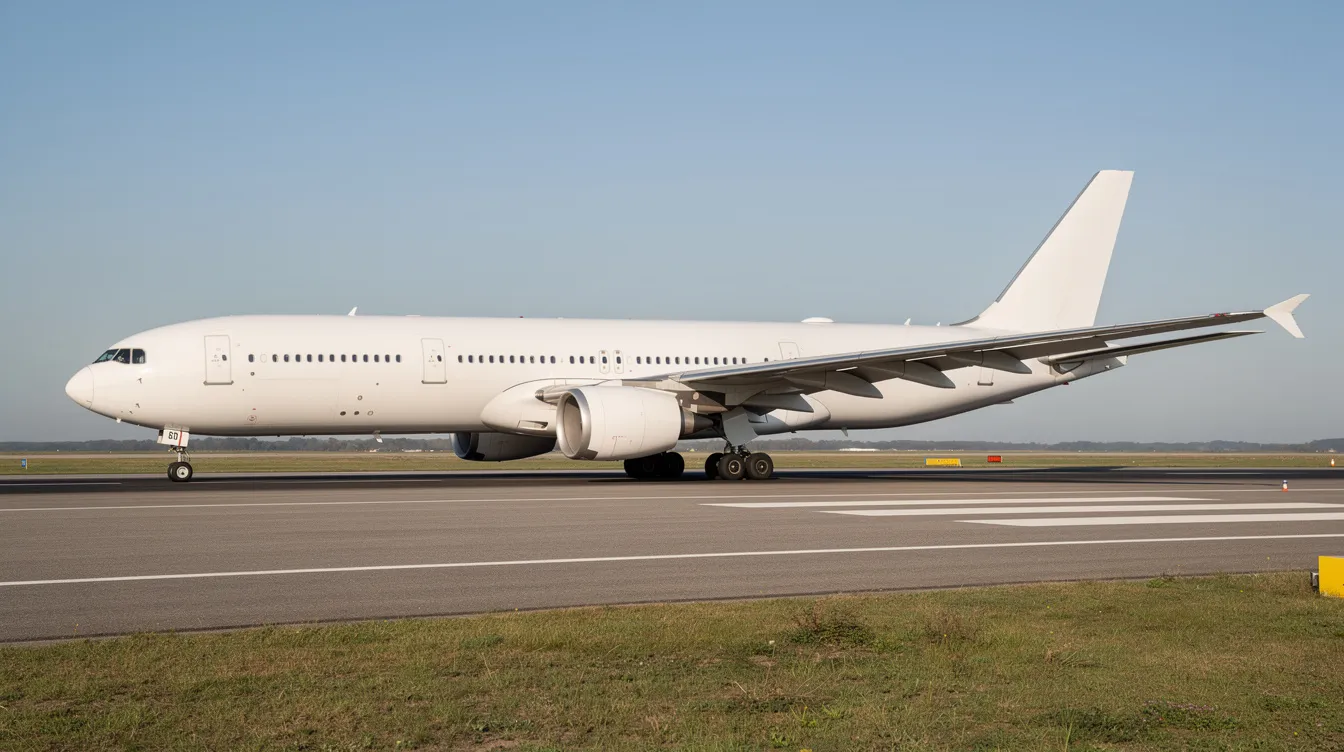 A Boeing 747, known as the "queen of the skies," is parked on a long runway, showcasing its impressive fuselage length and four wing-mounted engines against a clear blue sky. This iconic wide-body aircraft, often used in commercial aviation for its large passenger capacity and cargo capabilities, is a symbol of long-haul travel and advanced aviation technology.