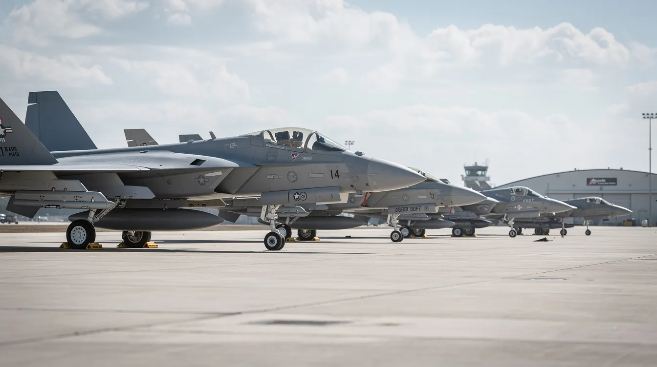 The image depicts several fighter jets of varying sizes lined up on a military tarmac, showcasing a fighter jet size comparison that highlights the sheer size differences between the largest fighter and mid-size aircraft. The imposing presence of these jets reflects their advanced weaponry and design, reminiscent of the Soviet Union's air force capabilities during the Cold War.