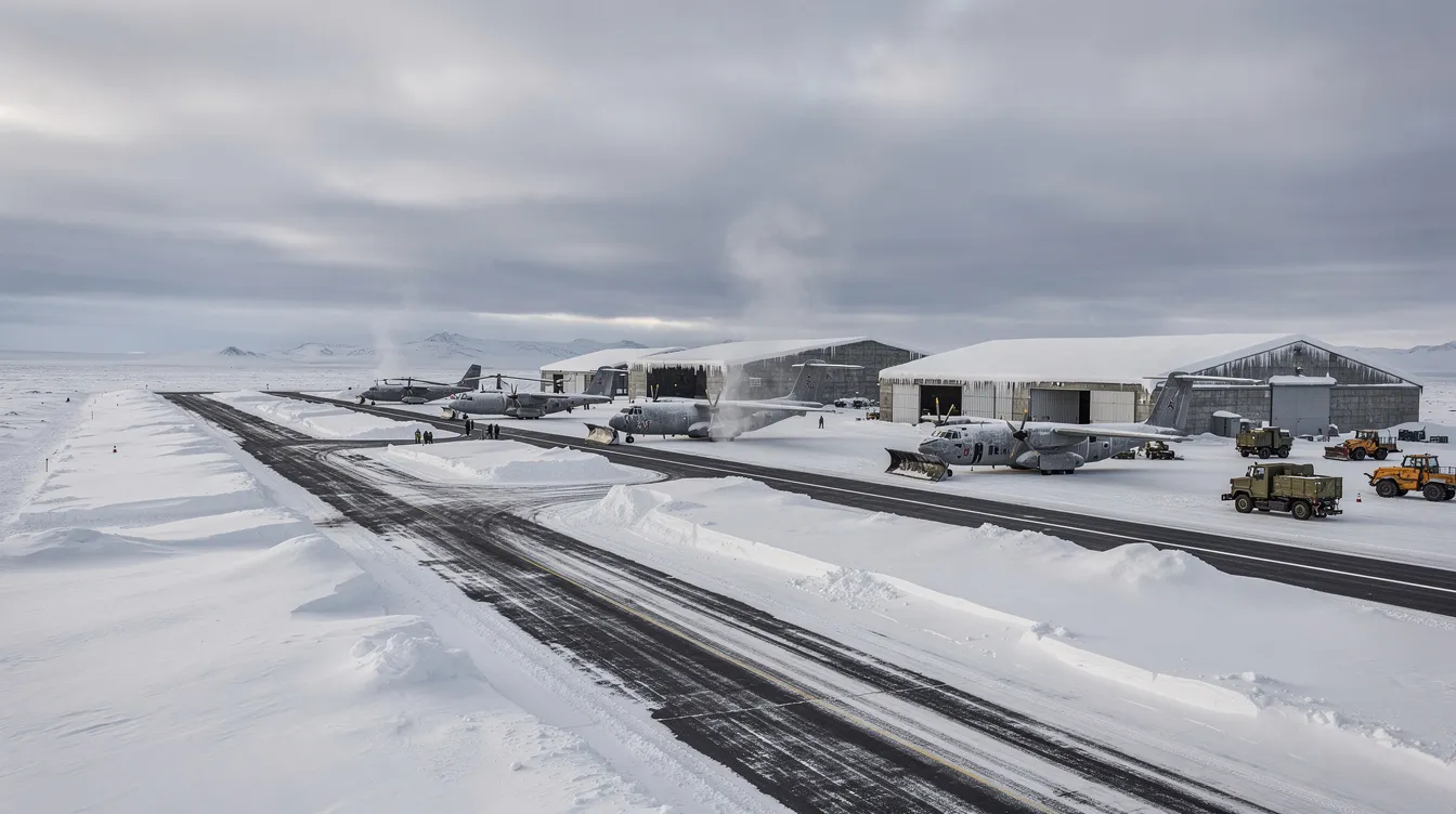 The image depicts a military airfield set against a stark Arctic landscape, featuring snow-covered runways and hangars beneath overcast skies. The scene reflects the imposing presence of the Russian air force, highlighting the environment where advanced fighter jets, like the Tupolev Tu-28, might operate in the cold Siberian airspace.
