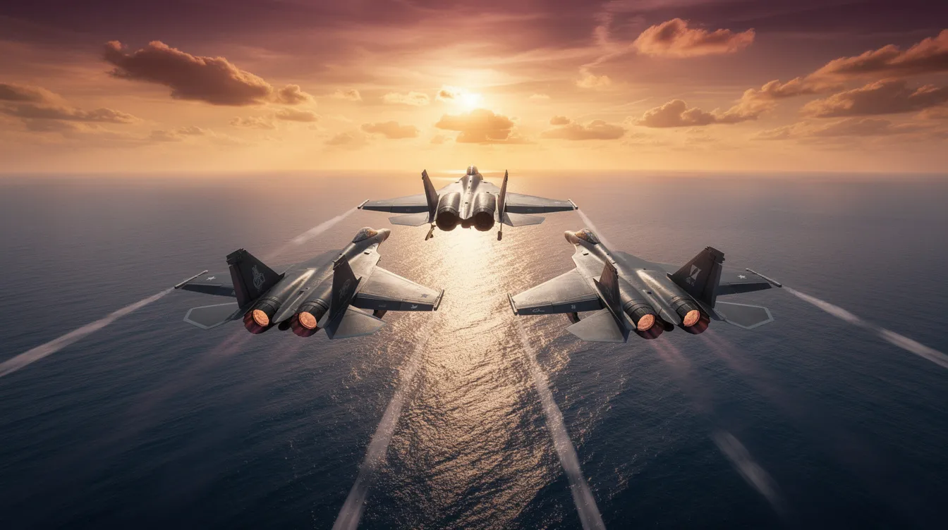 A formation of four modern fighter jets, including the F-22 Raptor and F-35 Lightning II, soar in tight formation over a shimmering ocean during a vibrant sunset, showcasing their sleek designs and advanced stealth technology. This stunning display highlights the capabilities of today's air force and the pursuit of air superiority in air combat.