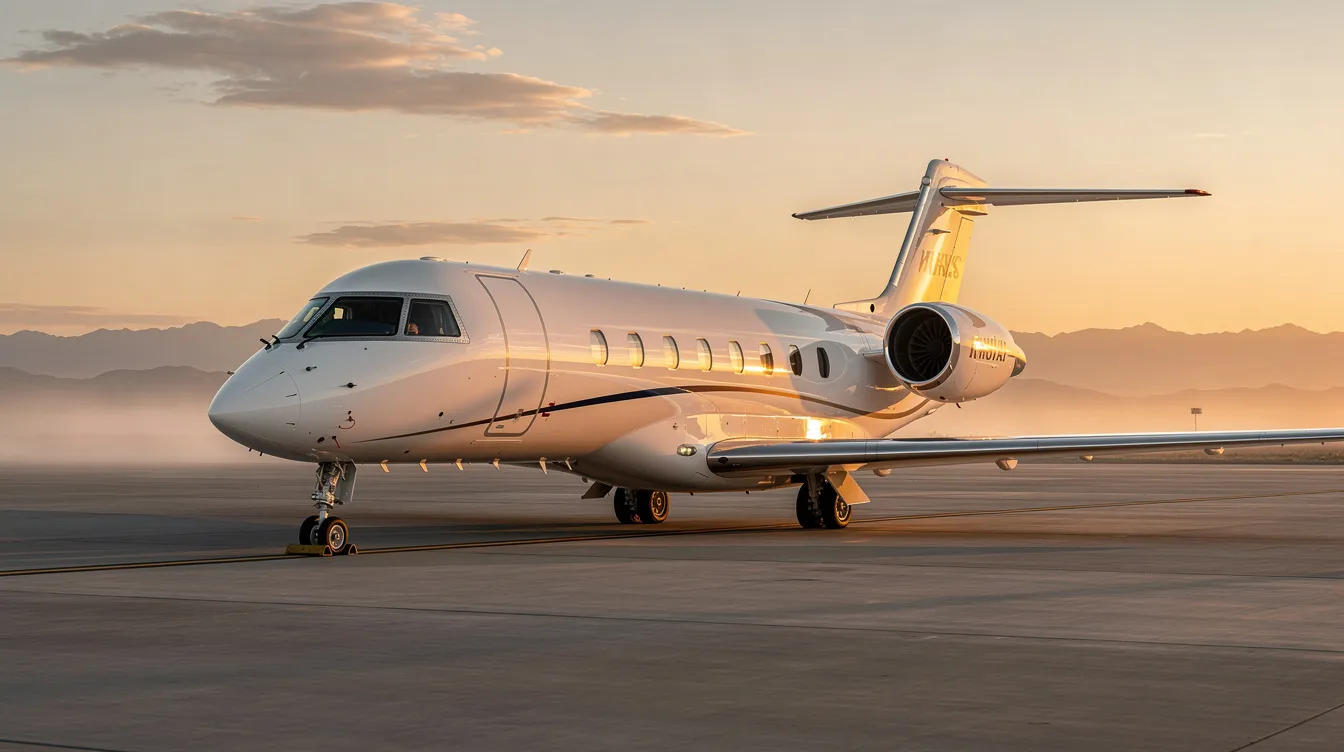 A sleek white private jet is parked on a tarmac at sunset, with distant mountains silhouetted against the colorful sky, evoking the elegance of modern aircraft design. The scene captures the tranquility of aviation away from the hustle of air combat and fighter jets, highlighting the luxurious aspect of private flying.