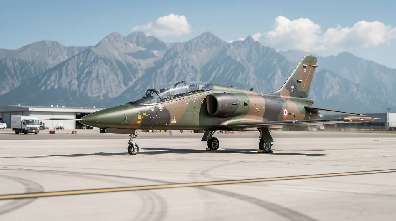 A sleek L-39 Albatros jet trainer, painted in military camouflage, is positioned on an airfield tarmac with majestic mountains in the background. This military aircraft, known for its role in training pilots, showcases its turbine engine and aerodynamic design, embodying the essence of modern fighter aircraft.