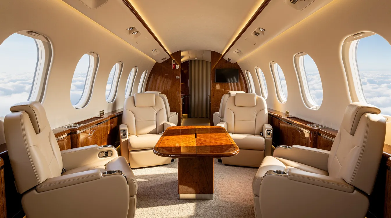 The image depicts the interior of a luxurious private jet cabin, featuring cream leather seats and warm wood accents, with large oval windows revealing clouds outside, creating an inviting atmosphere for high-speed travel. This elegant space contrasts with the advanced technology and capabilities typically associated with fighter jets and their missions in the skies.