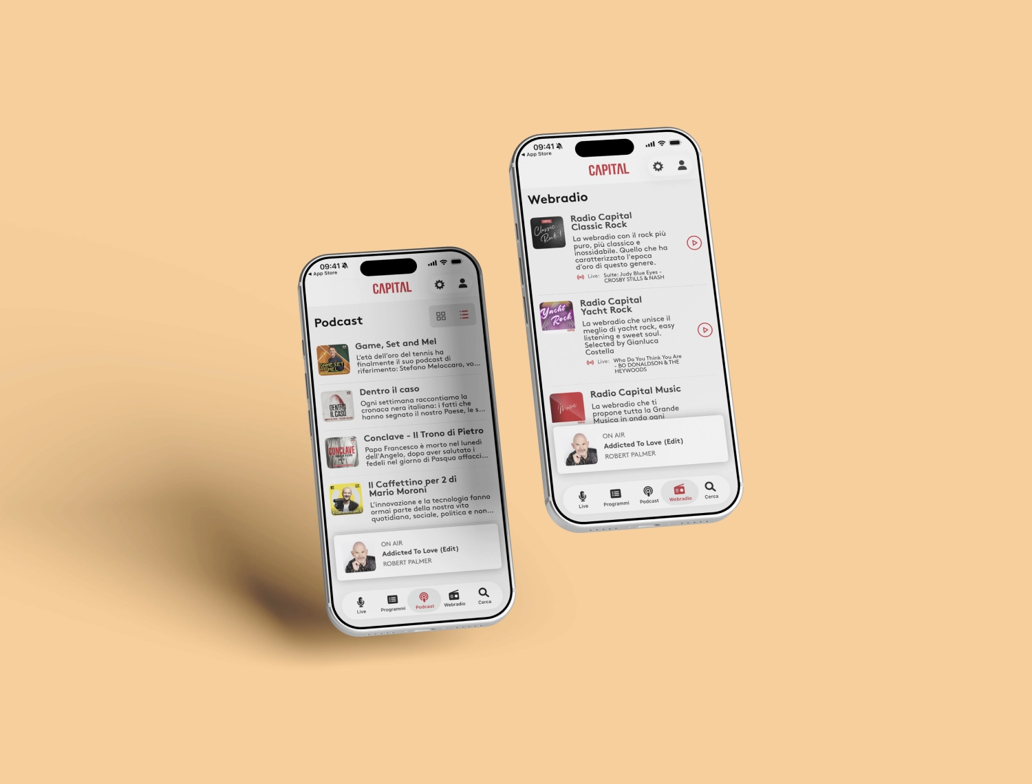 Radio Capital's Podcasts and Webradio screens.