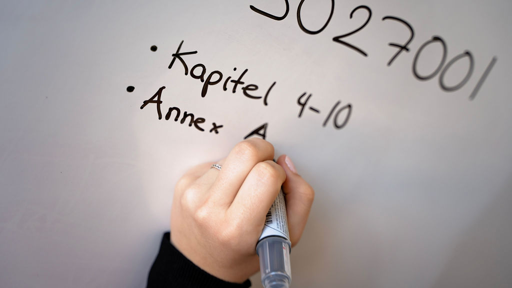 Medarbejder hos Sjeni tegner og forklarer på tavle