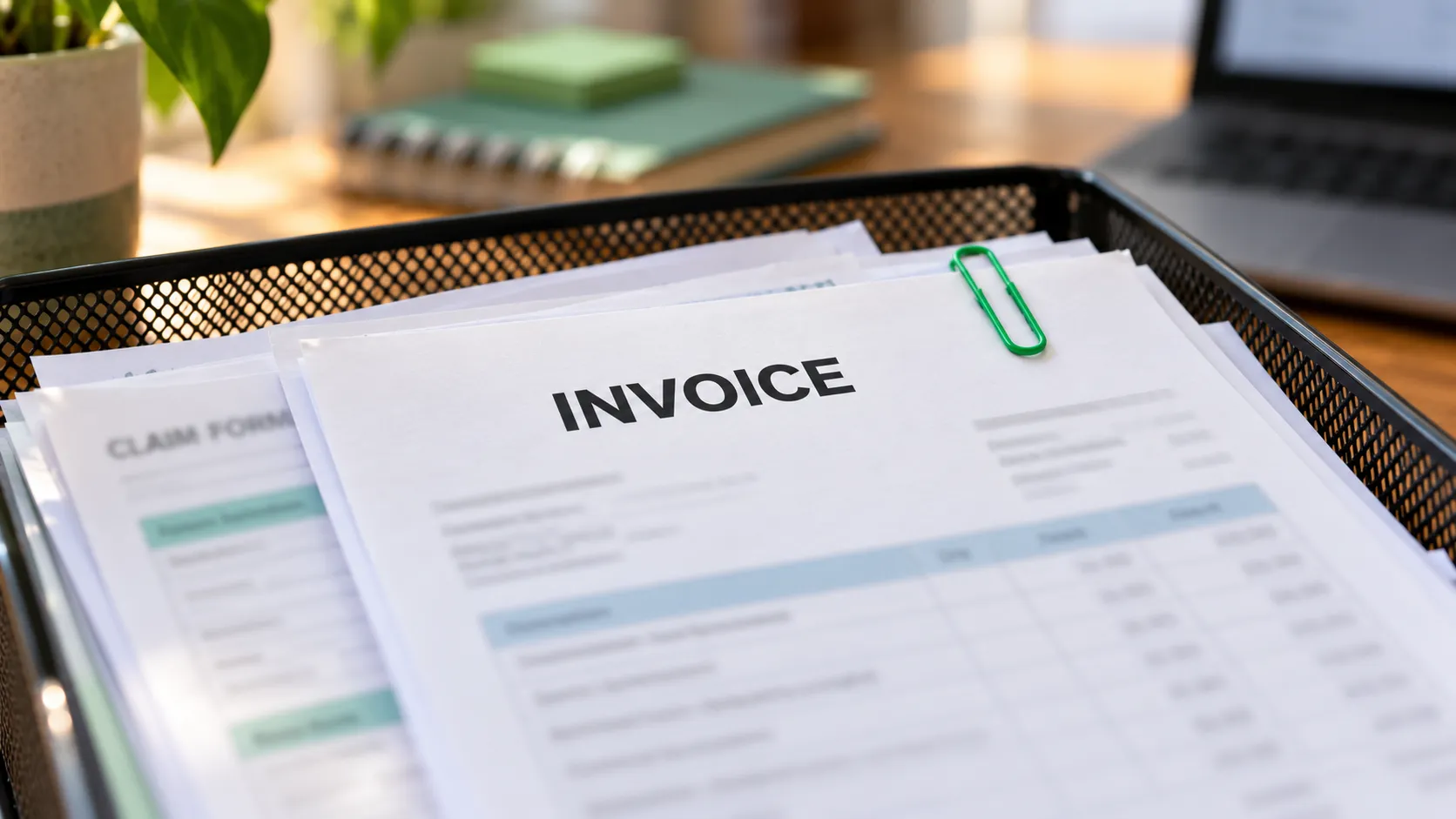 Desk tray of printed invoices and claim forms