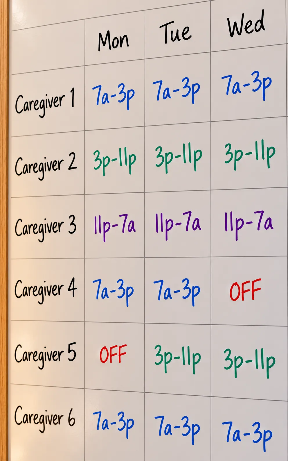 Weekly shift calendar on a care home office wall