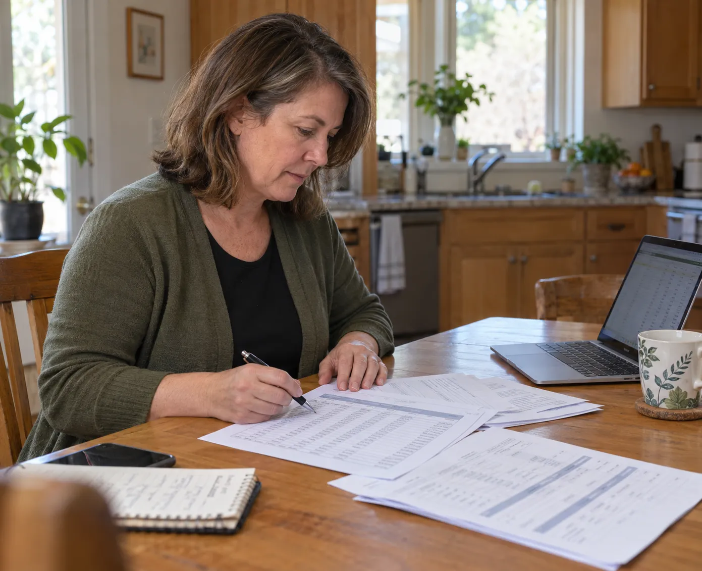 Owner reviewing payroll papers at her kitchen table