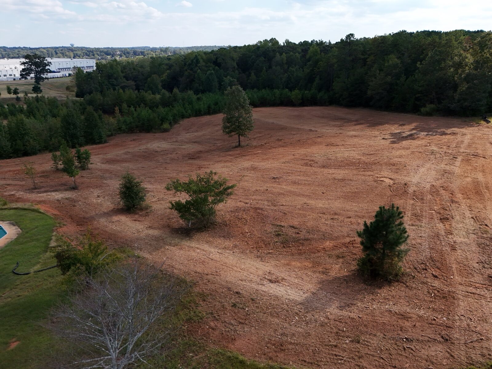 Aerial view of a lot in Anderson, SC after forestry mulching, with bare red soil and a few pines left standing