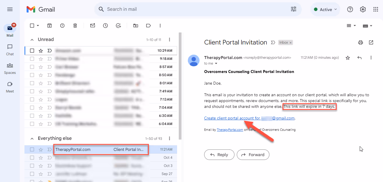 email screenshot showing client portal invite