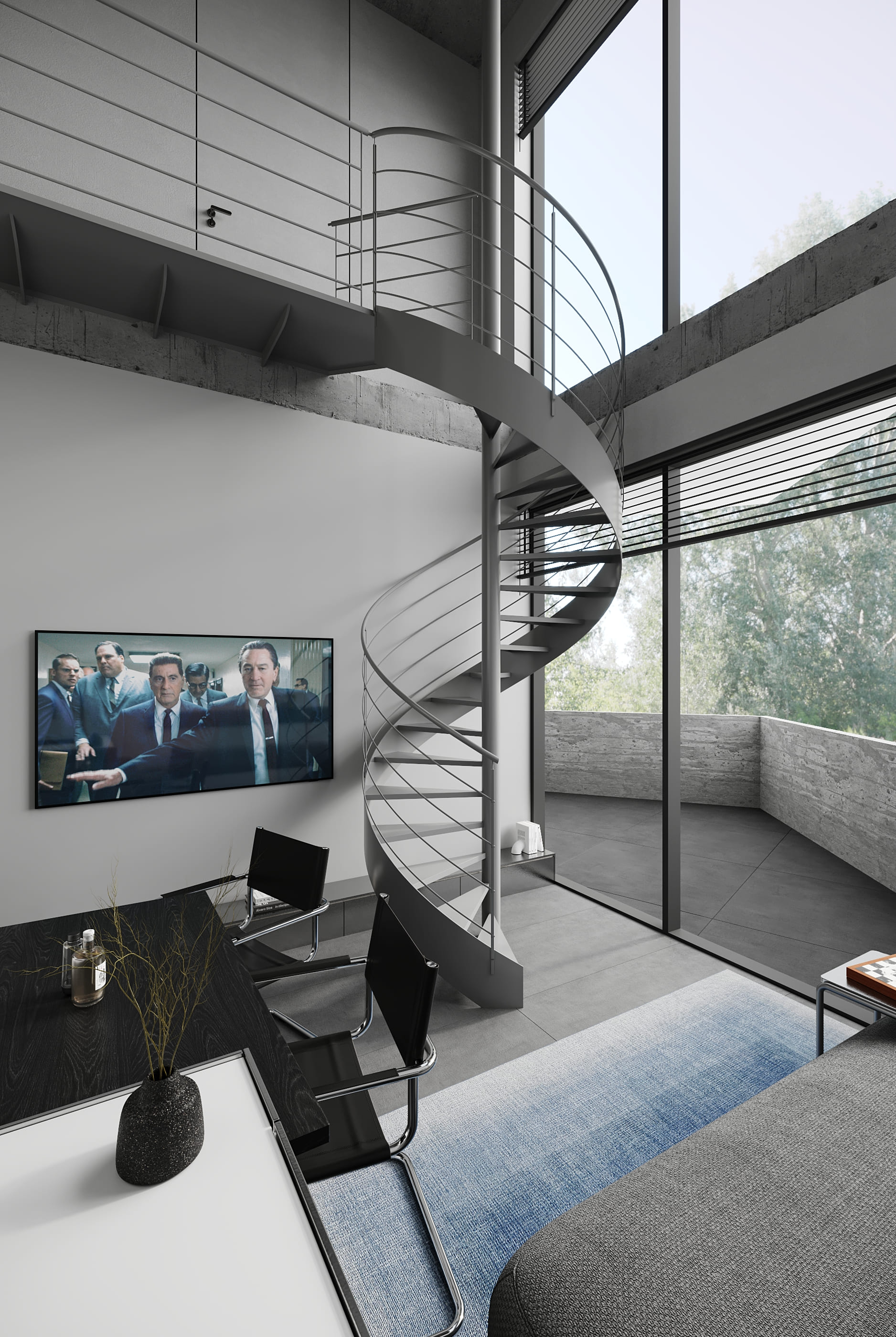 *Fragment is a modern four-story apartment building with balconies featuring green plants, a car parked in driveway, and a blurred white car driving on the street in front.