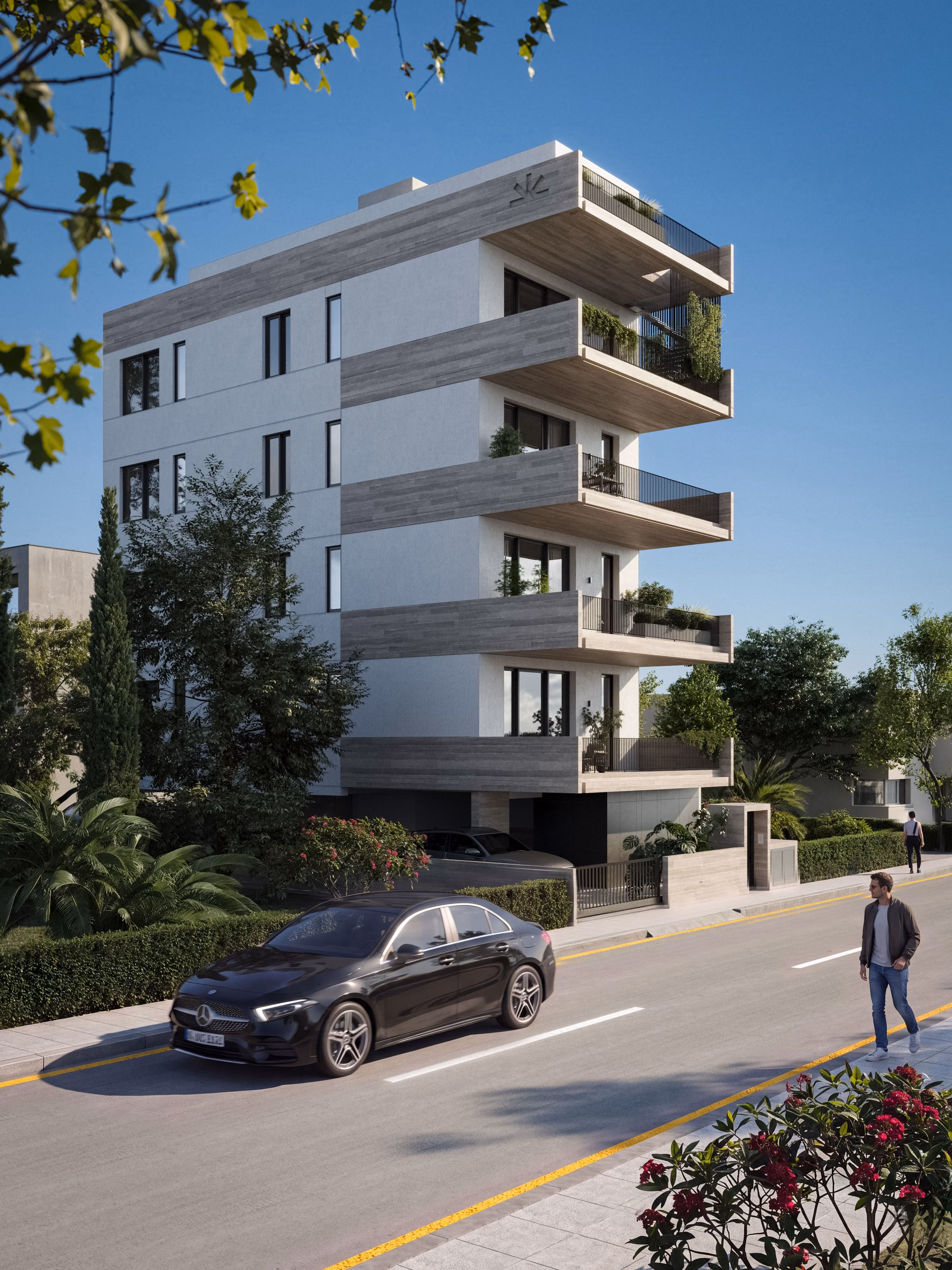 *Fragment is a modern four-story concrete building with balconies adorned with green plants and a silver sports car parked on the street in front.