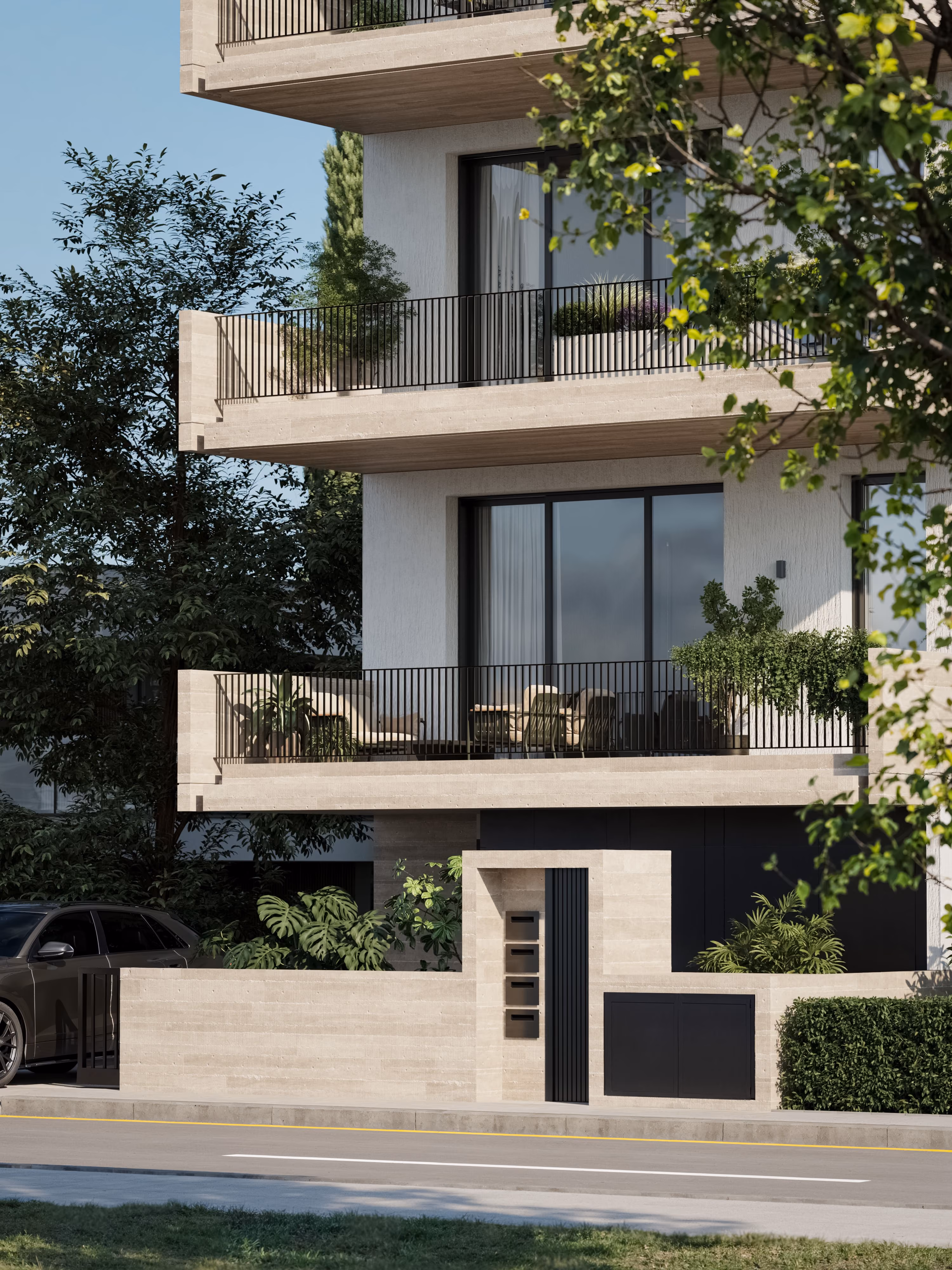*Fragment is a modern four-story apartment building with balconies featuring green plants, a car parked in driveway, and a blurred white car driving on the street in front.