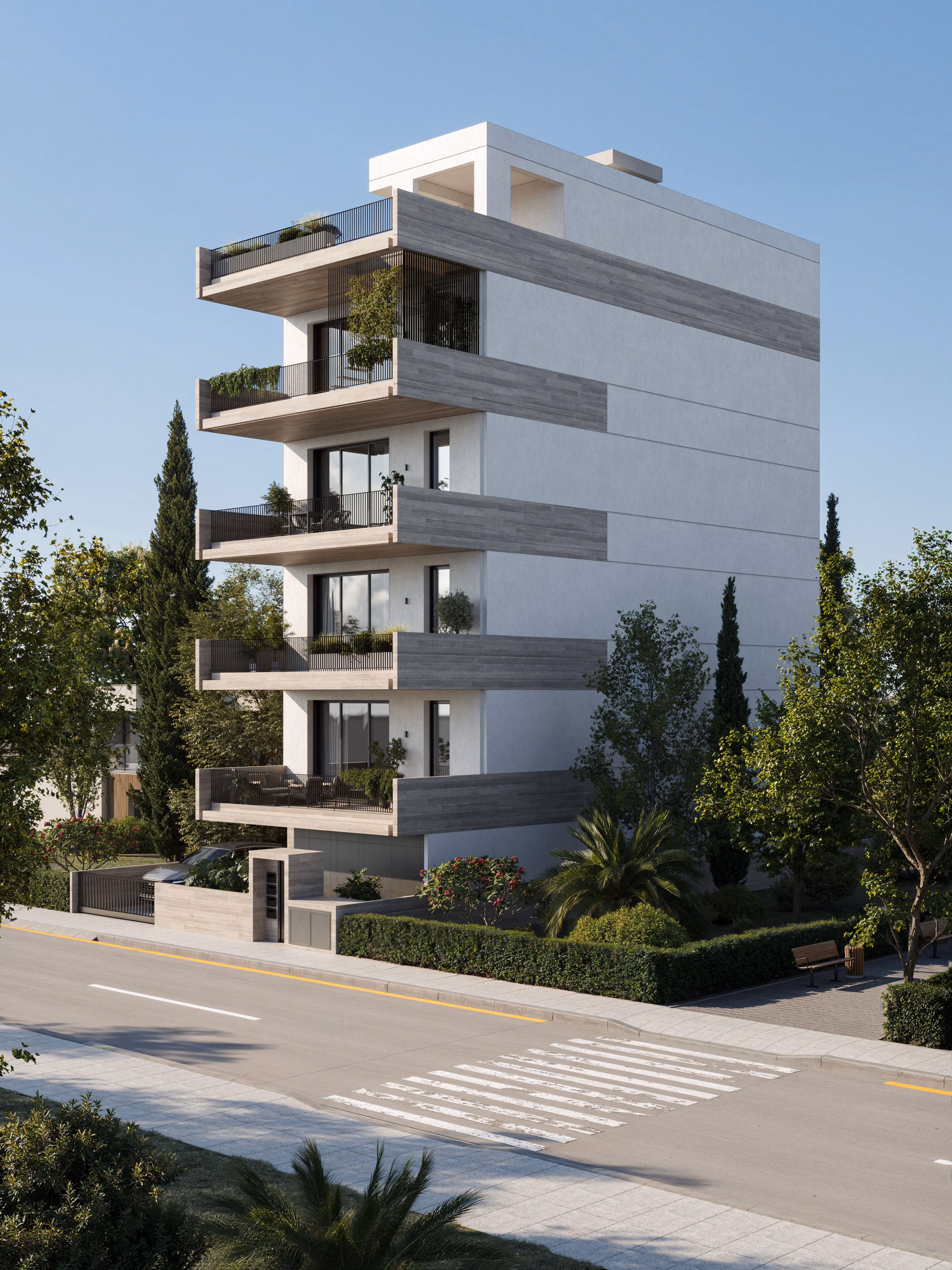 *Fragment is a modern four-story apartment building with balconies featuring green plants, a car parked in driveway, and a blurred white car driving on the street in front.