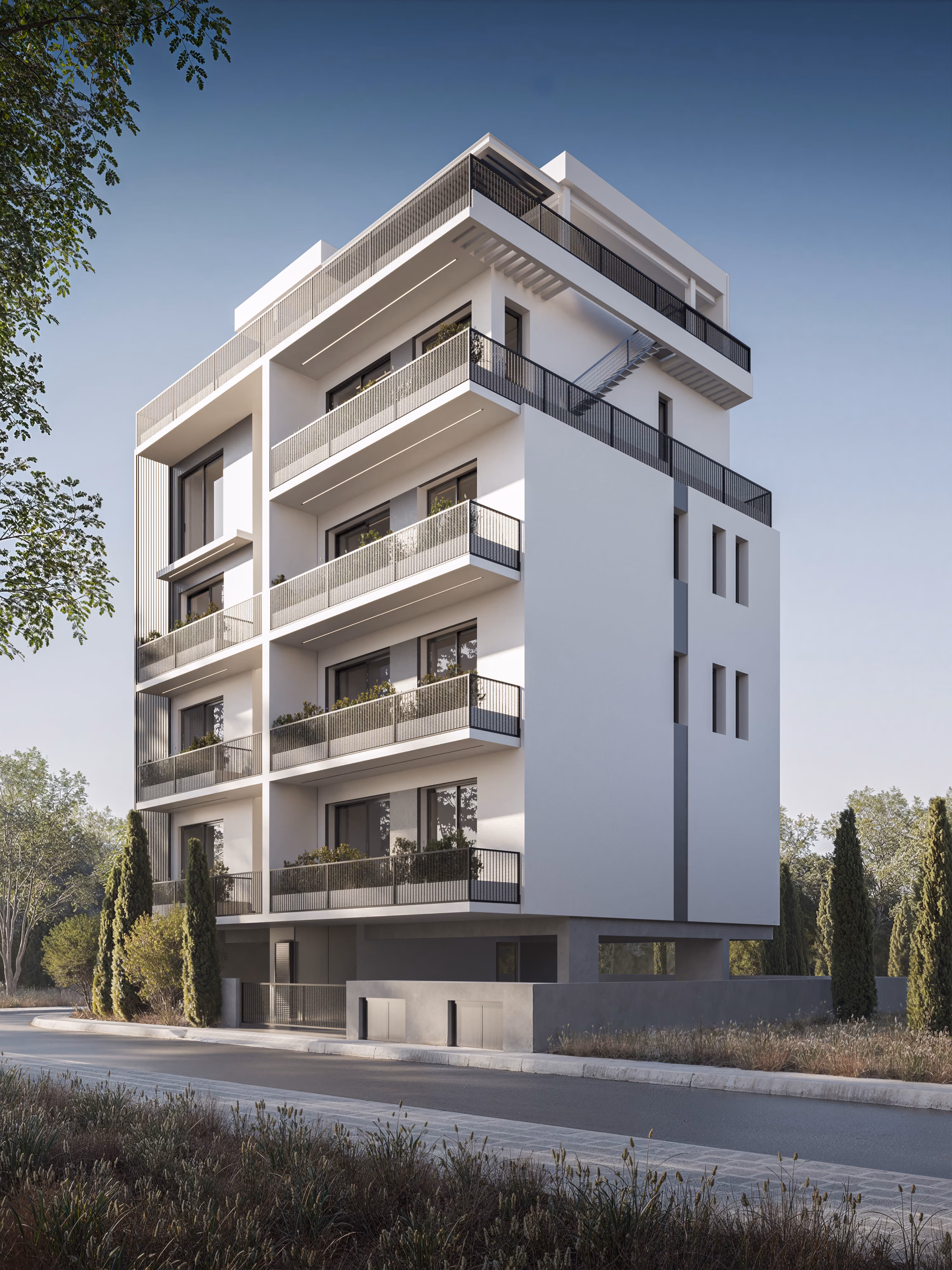 *Fragment is a modern four-story concrete building with balconies adorned with green plants and a silver sports car parked on the street in front.
