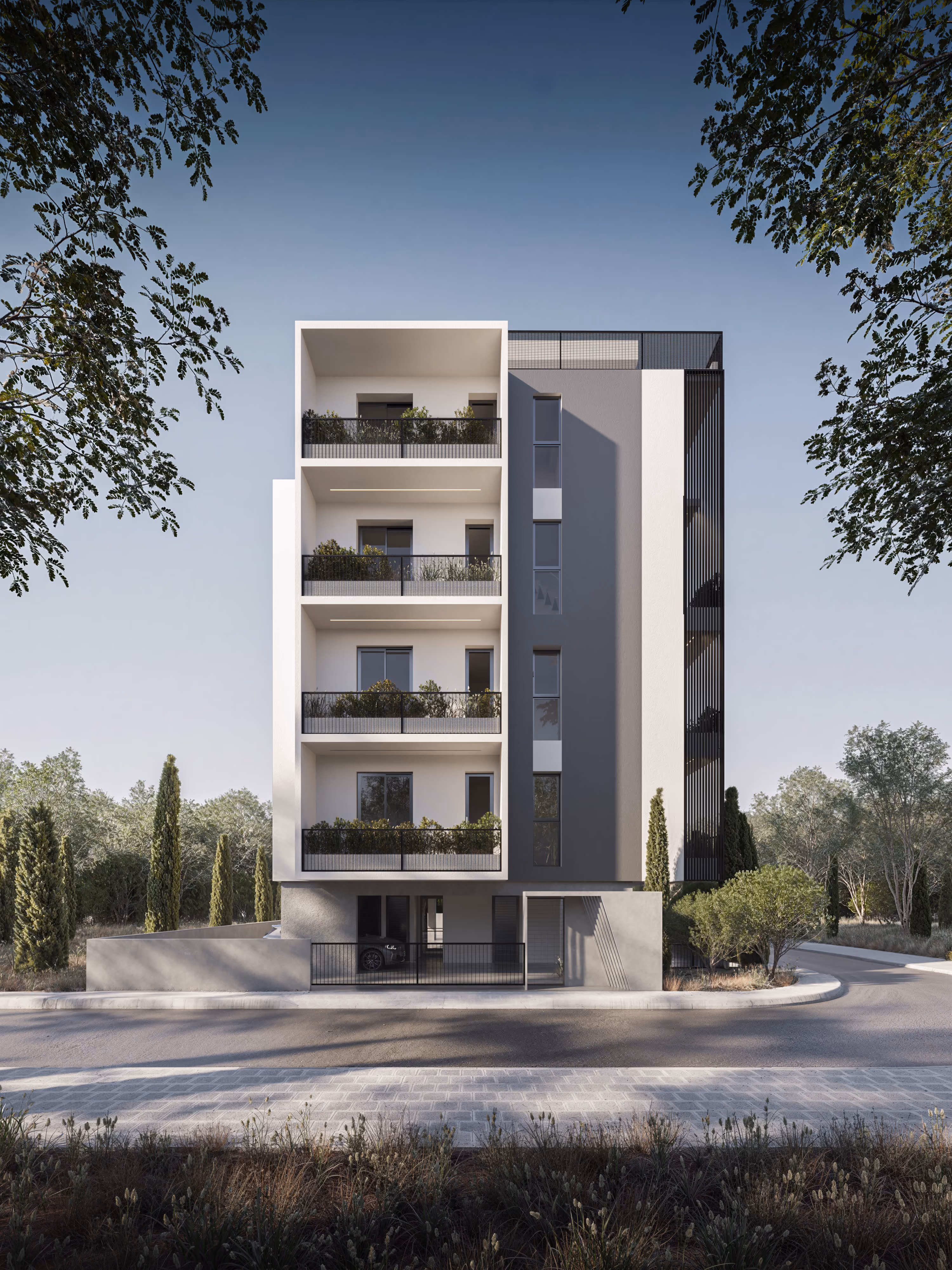 *Fragment is a modern four-story concrete building with balconies adorned with green plants and a silver sports car parked on the street in front.