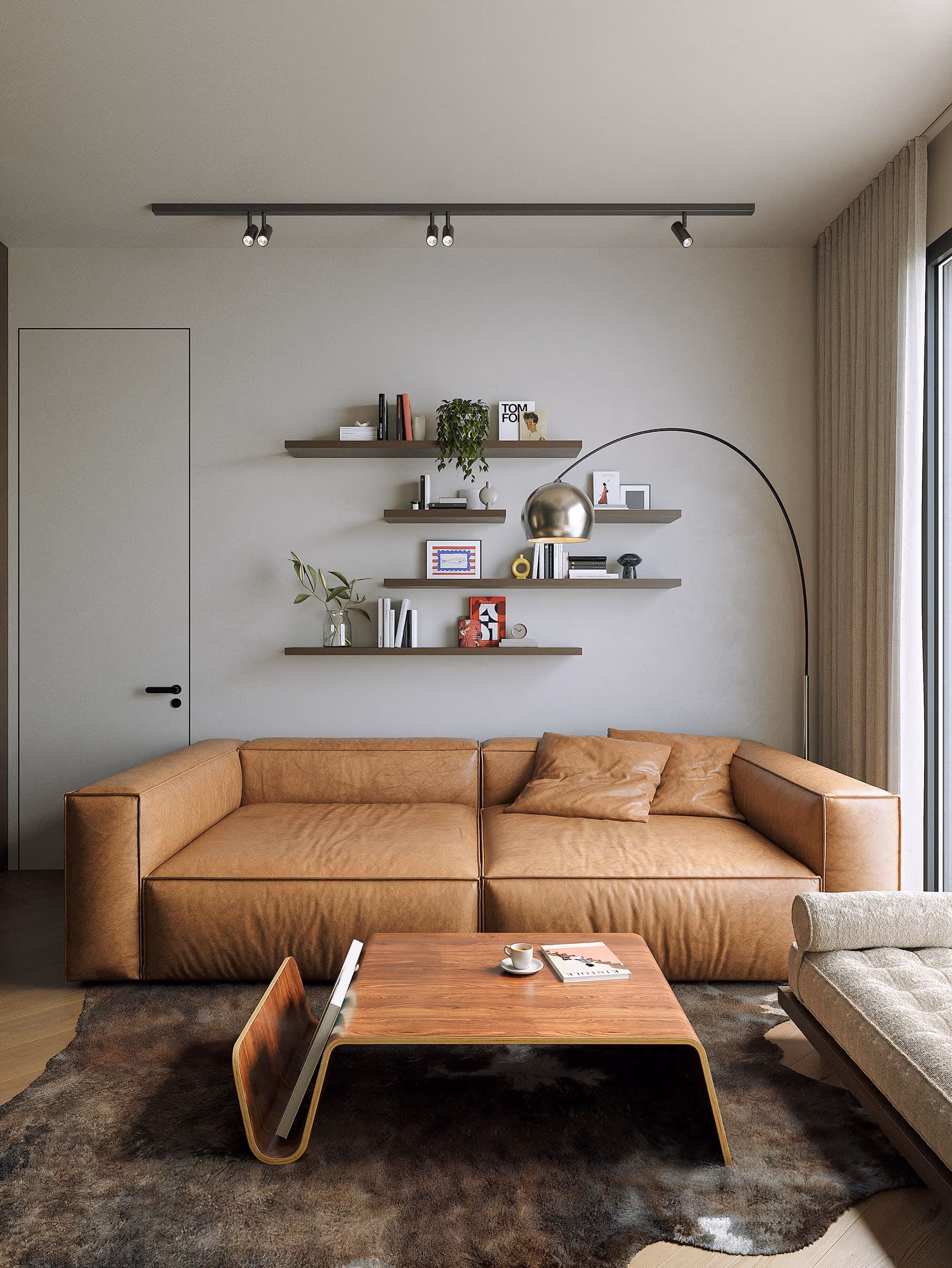 *Fragment is a modern four-story apartment building with balconies featuring green plants, a car parked in driveway, and a blurred white car driving on the street in front.