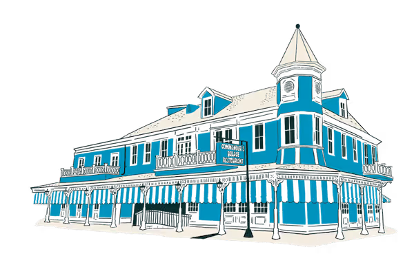 An illustration of the turquoise blue Commander's Palace Building.
