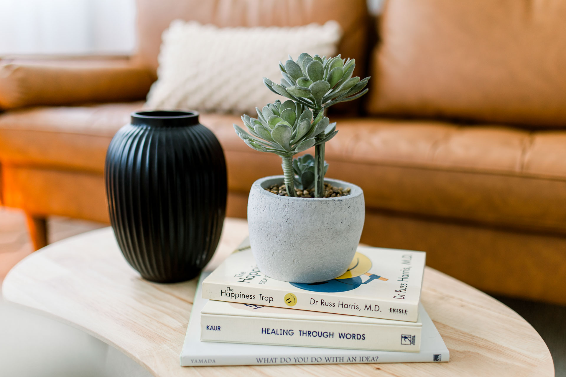 Small potted succulent on stacked books beside black vase on coffee table