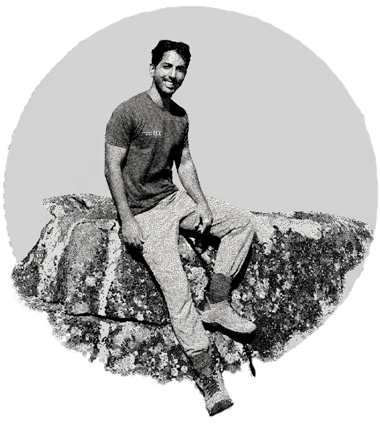 Black-and-white dotted illustration of a smiling young man sitting on a rock inside a circular frame.