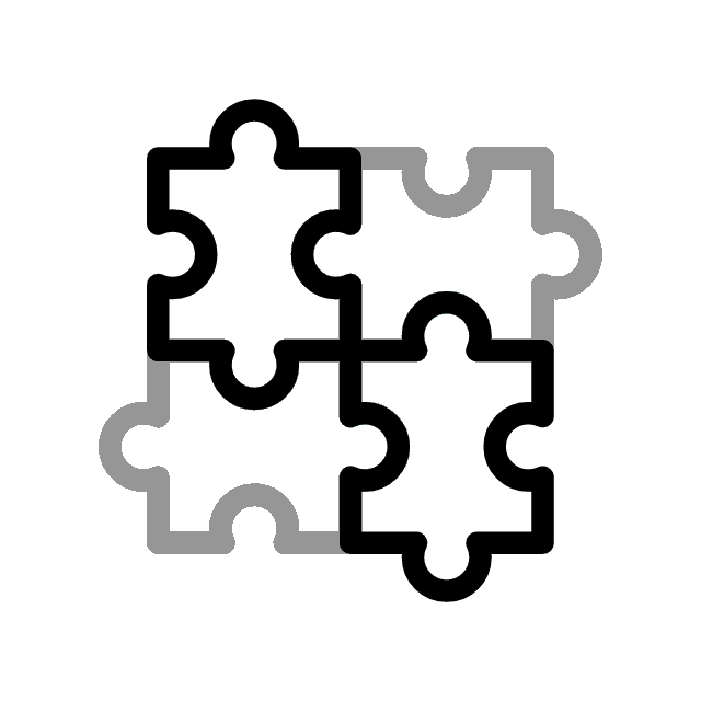 Four puzzle pieces, two black outlined and two gray, arranged on a bright cyan background.