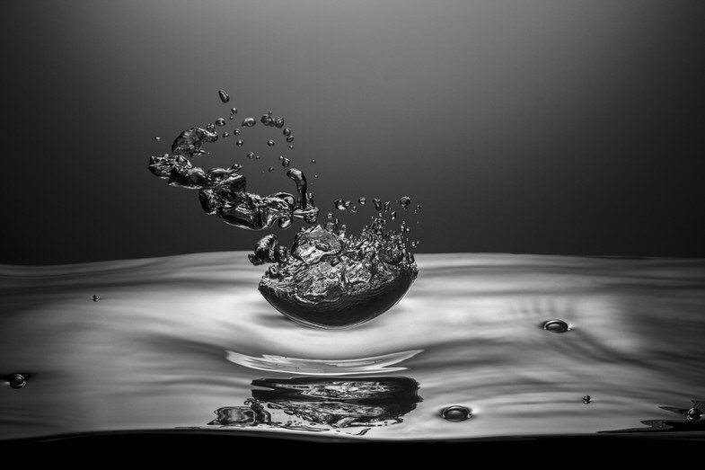 Ethan Zargo fine art liquid photography, black and white reverse water splash 5, Vancouver BC