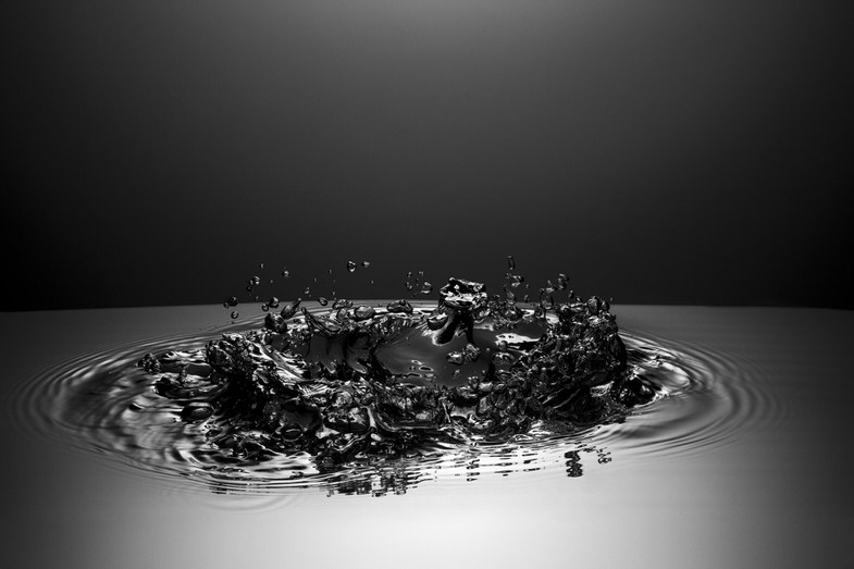 Ethan Zargo fine art liquid photography, black and white reverse water splash 1, Vancouver BC