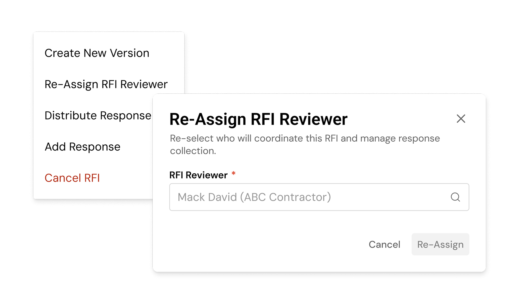 RFI action dropdown menu showing available document actions alongside a Re-Assign RFI Reviewer modal with a searchable reviewer field.