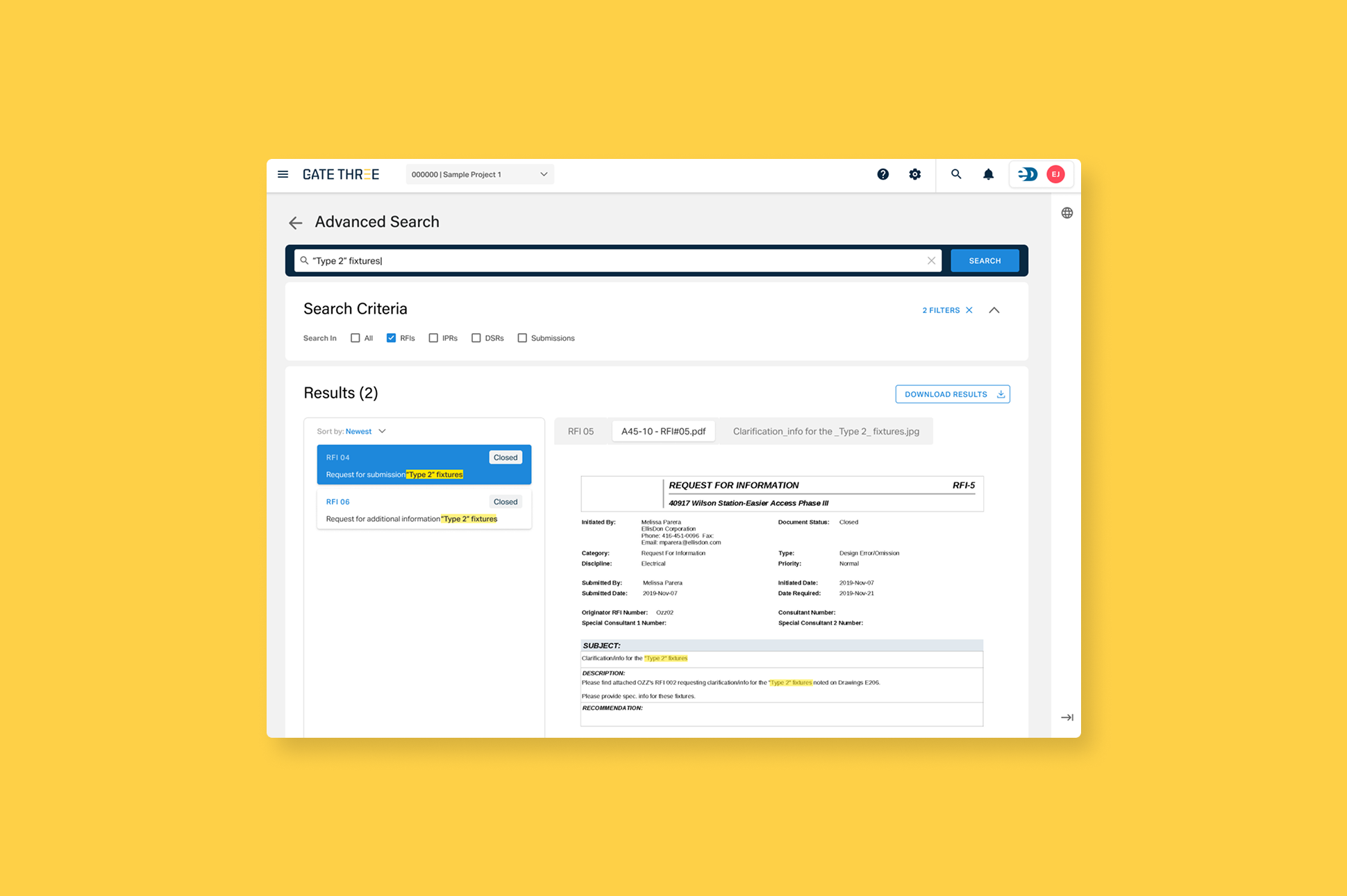 Image showing the interface of the advanced search page where the user has two filters applied with a result previewing the document with the highlighted search terms within it.