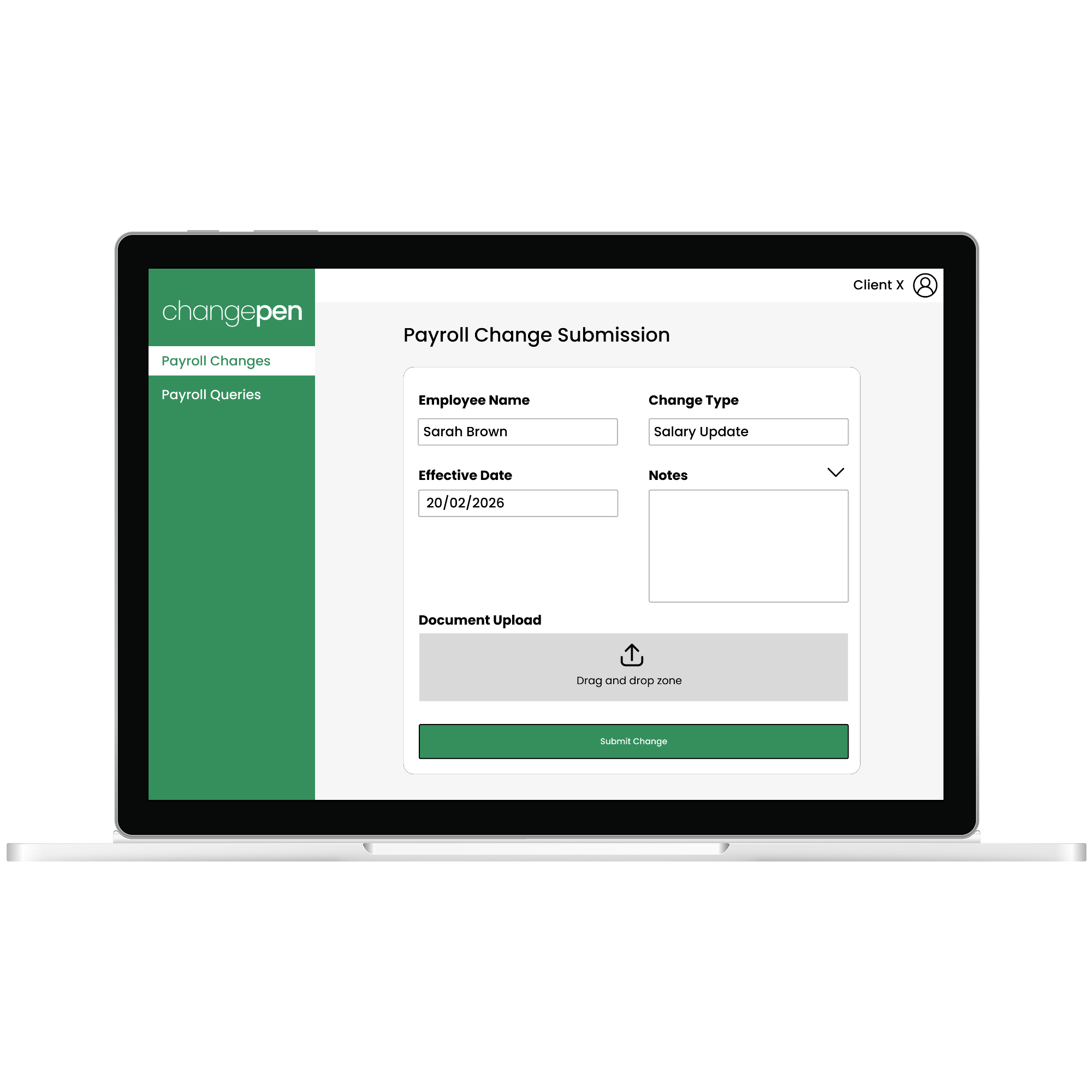 This is a mock of a pay change with a list of fields and their values