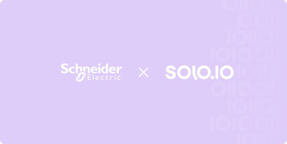 White Schneider Electric and solo.io logos separated by an 'x' on a purple background with binary code patterns on the right side.