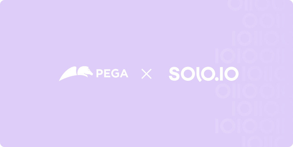 White PEGA logo with a stylized horsehead next to white SOLO.IO logo on a purple background with binary code pattern on the right side.