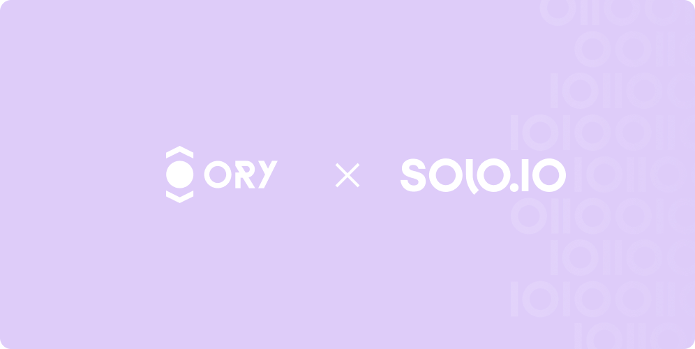 Purple background with ORY logo on the left, a white multiply symbol in the center, and SOLO.IO logo on the right, with binary code pattern on the right side.