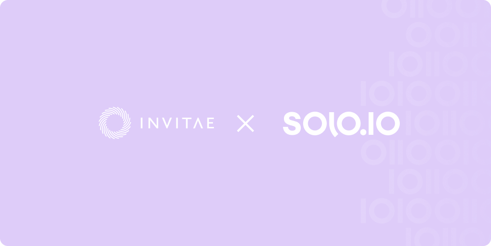 Purple background with white logos and text: Invitae logo with circular swirl design, a white 'X' symbol next to Solo.io logo featuring stylized letters.