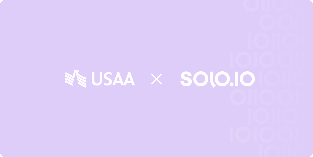 Purple background with USAA logo and Solo.io logo separated by a multiplication sign, with a pattern of circles and lines on the right side.