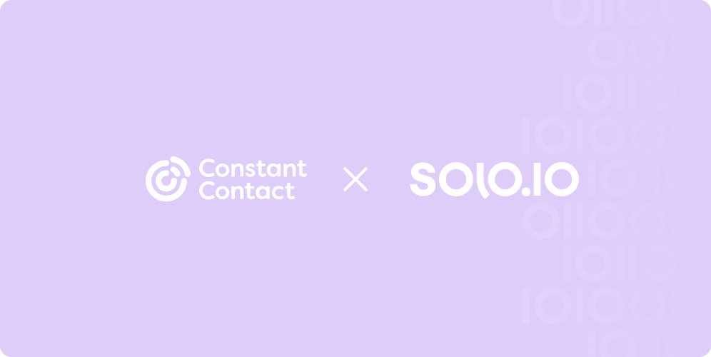 White logos of Constant Contact and Solo.io side by side with a white multiplication sign between them on a purple background with a pattern of 1s and 0s on the right.