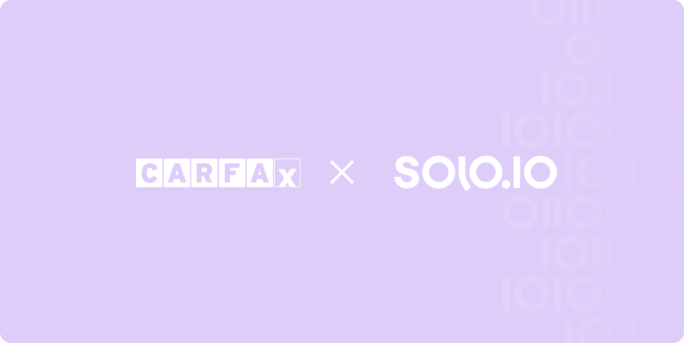 Logos of Carfax and SOLOiO side by side on purple background with decorative binary-like pattern on the right.