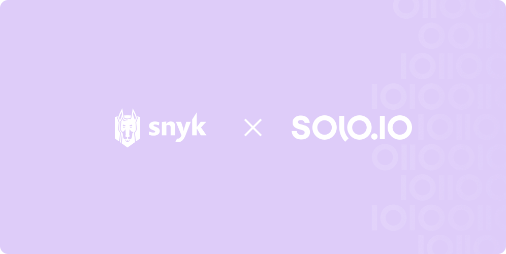 A purple background featuring the Snyk logo with a dog head icon and the text 'snyk' on the left, a white multiplication sign in the center, and the Solo.io logo on the right with stylized binary code pattern in light purple on the far right side.