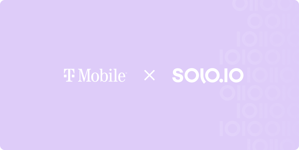 White T-Mobile logo and white solo.io logo side by side on a purple background with a pattern of binary code symbols on the right side.