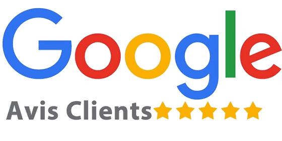 Logo Google avec texte Avis Clients et une évaluation de cinq étoiles dorées.