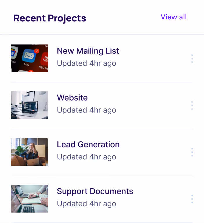 an overlayed list of recent projects