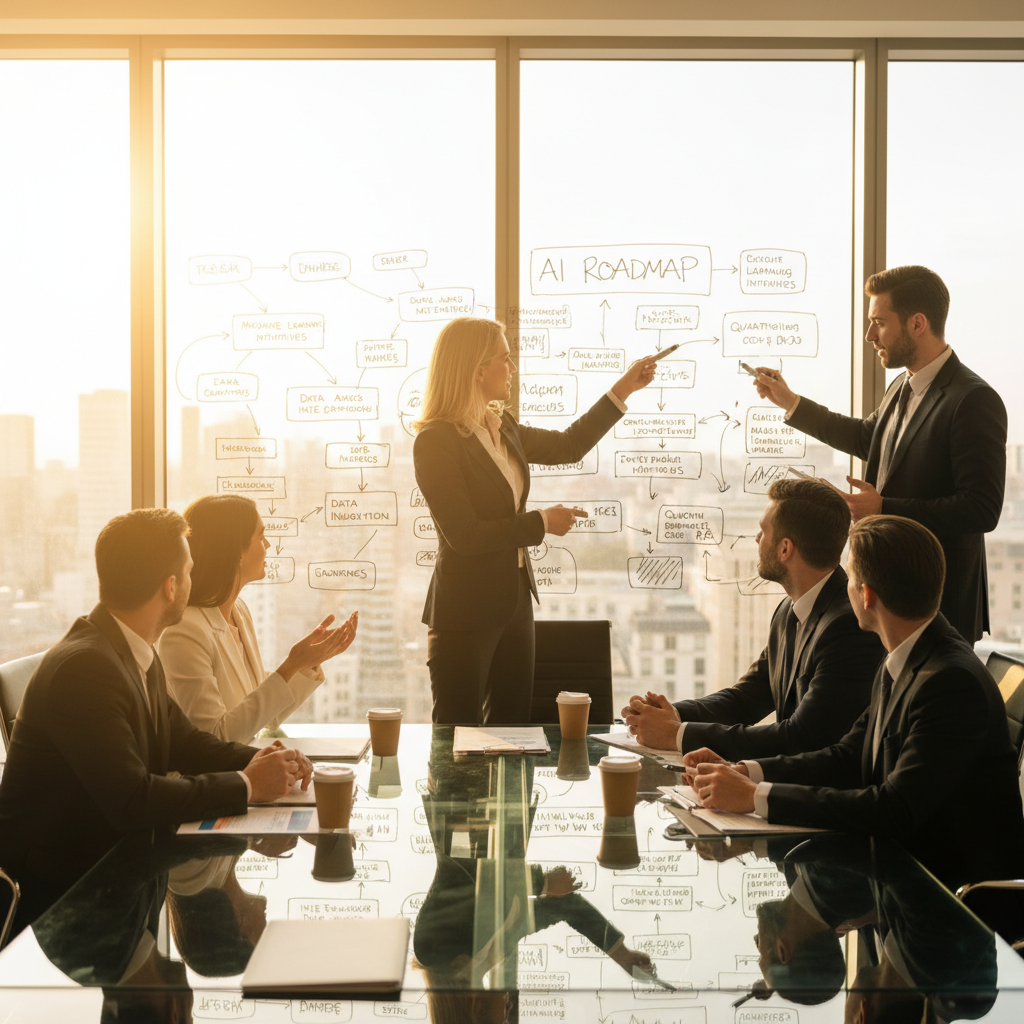 Business leaders collaborating during an AI leadership workshop with Biggest Goal