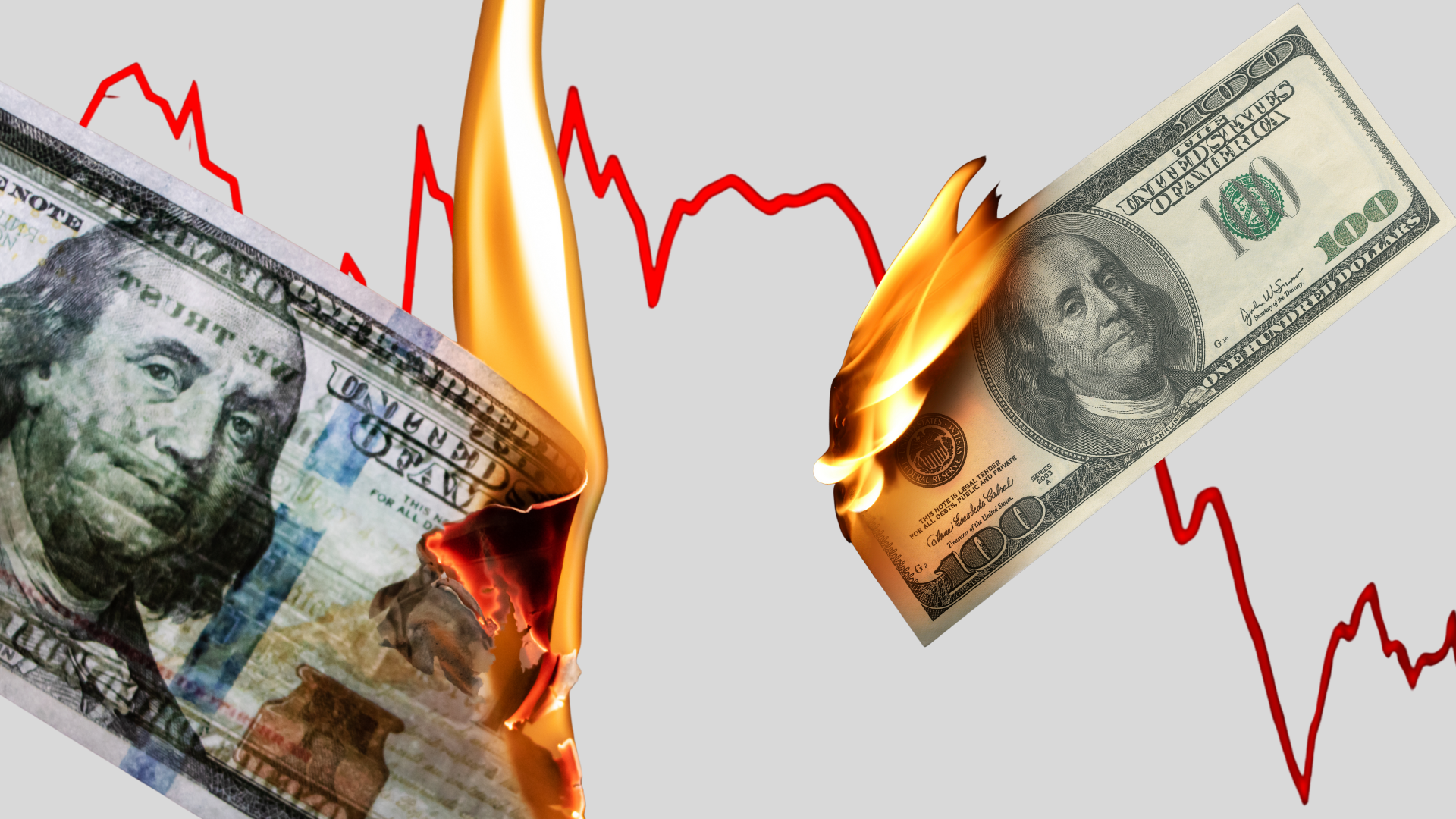 Two $100 American dollar bills on fire in front of a red line graph going downwards.