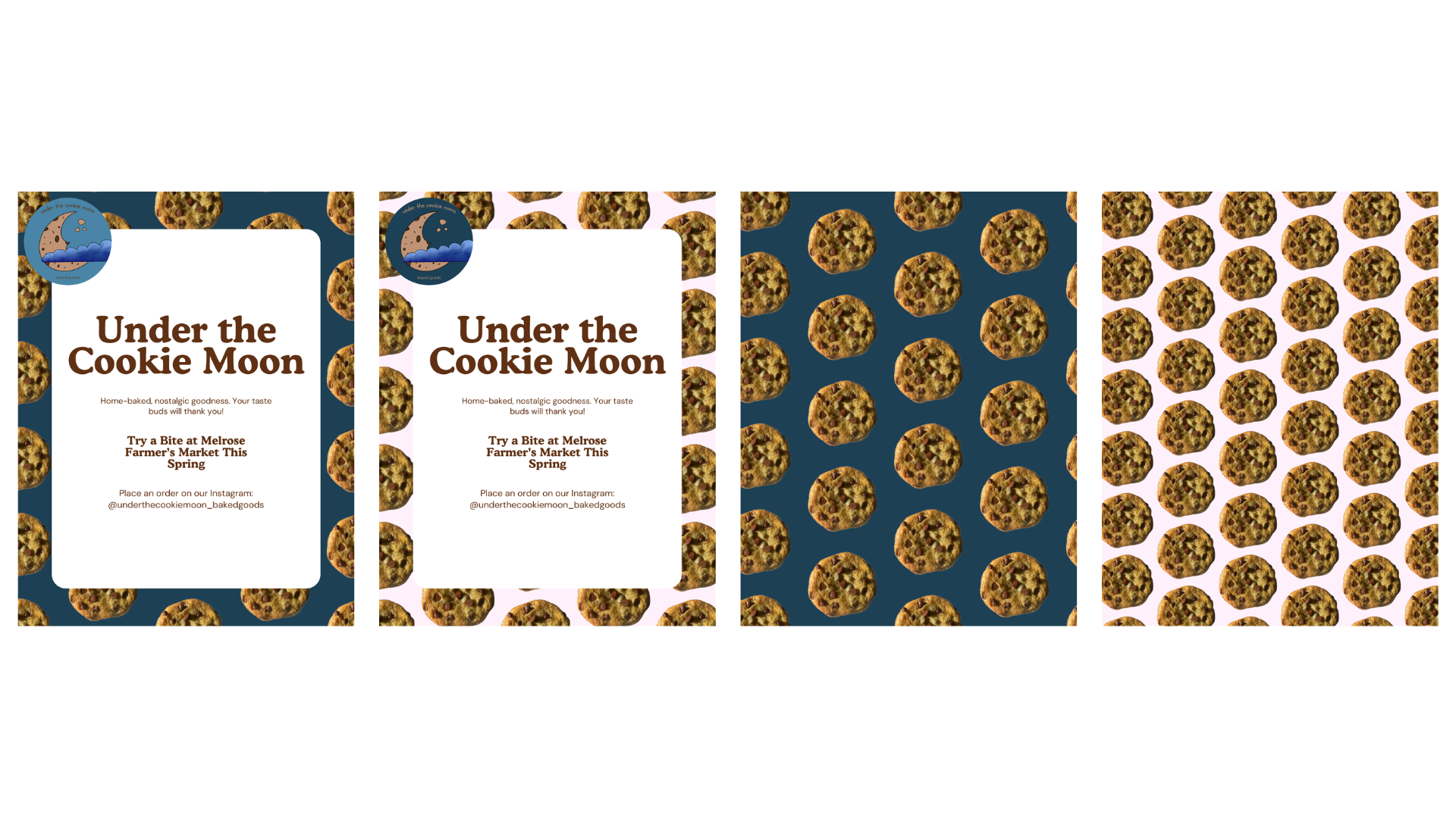 Two posters with a cookie background and the name and logo of Under the Cookie Moon and two posters with only the cookie background