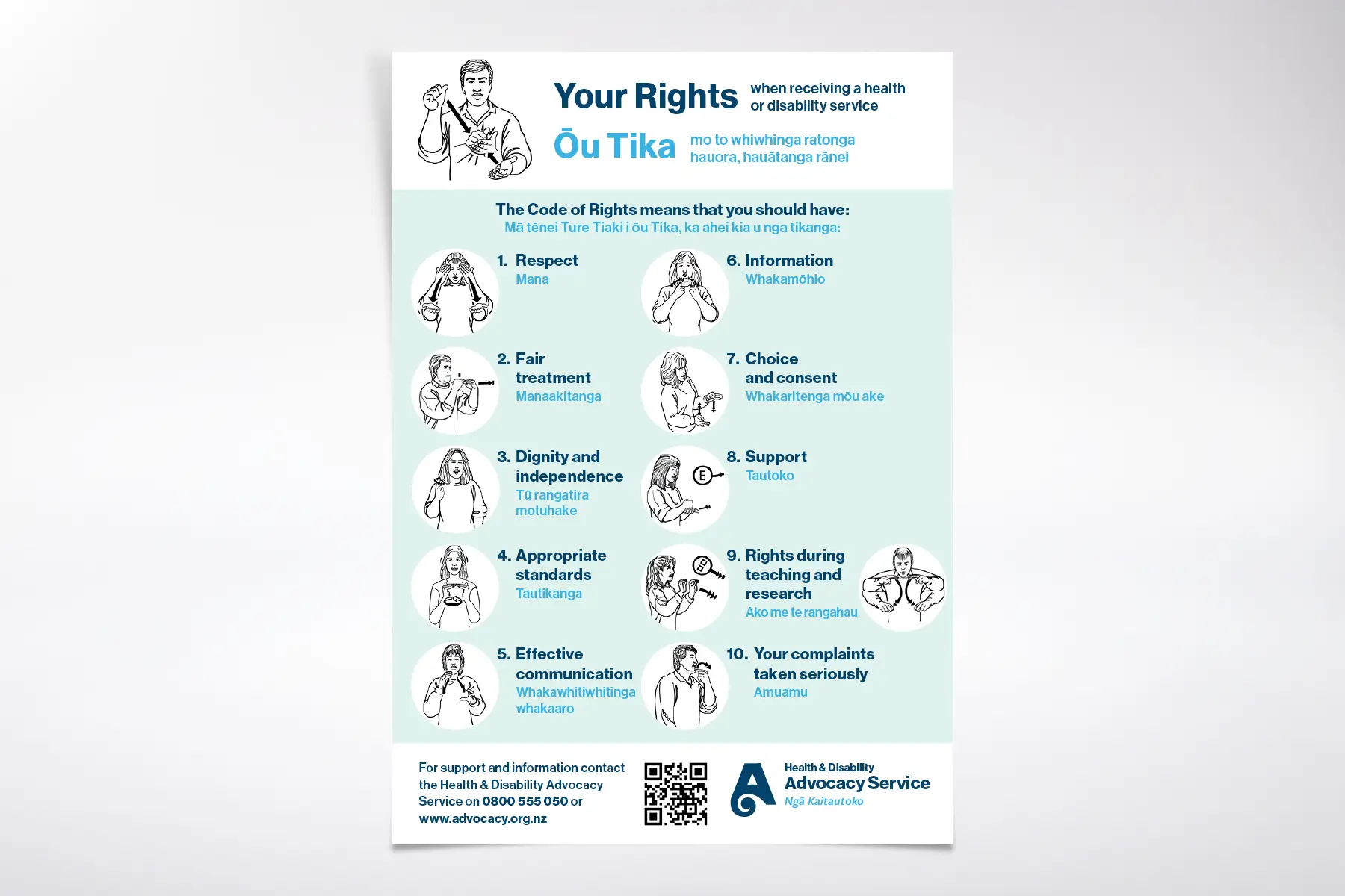 Poster titled 'Your Rights' when receiving health or disability services, listing 10 rights with illustrations and bilingual English and Māori text.